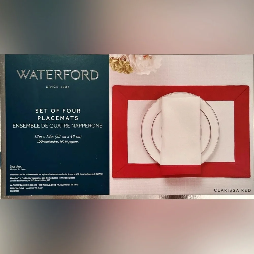WATERFORD SET OF 4 PLACEMATS CRYSTAL CO. LUXURY WHITE W RED BORDER CLARI…